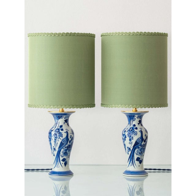 Vintage Royal Delft Blue Ceramic Table Lamps with New Green Silk Lampshades, Set of 2 For Sale - Image 12 of 12