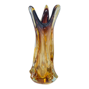 Mid 20th Century Swung Chalet Art Glass Vase: Amber & Amethyst Bullicante