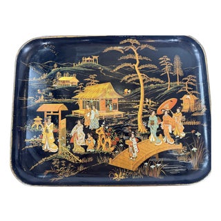 Early 20th Century Large Chinoiserie Lacquer Tray With Courtly Garden Scene For Sale