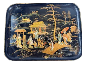Early 20th Century Large Chinoiserie Lacquer Tray With Courtly Garden Scene