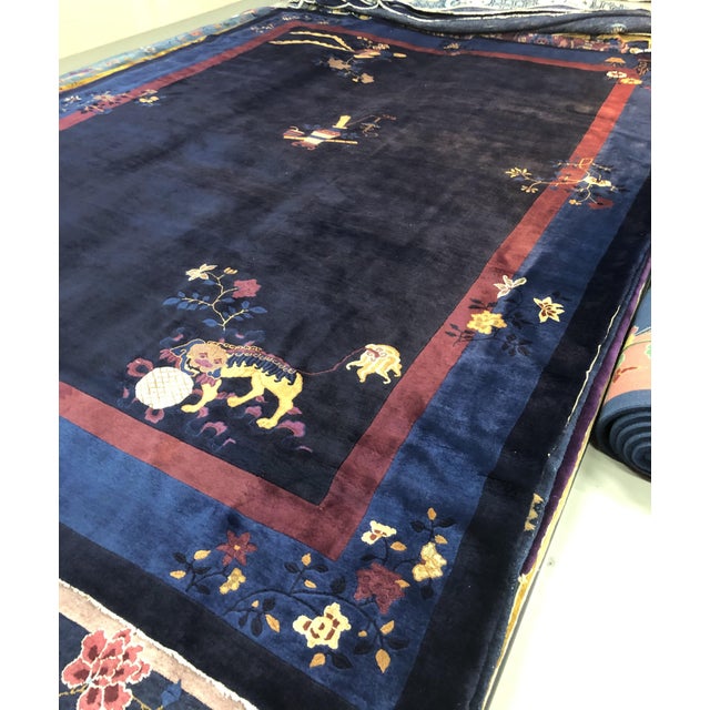 1930s Dark Blue Floral Antique Peking Rug 11' X 15' Handknotted Wool Carpet For Sale - Image 4 of 10