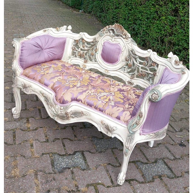 1990's French Louis XVI Style Settee in Lacquer Beech and Tufted Purple