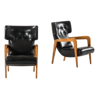 Easy Chairs in Leather and Birch, 1950s, Set of 2 For Sale