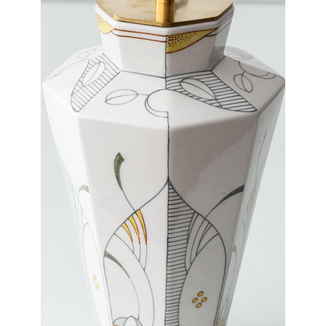 1990s Art Deco Ceramic Table Lamp with New Jacquard Lampshade by Royal Delft For Sale - Image 5 of 18