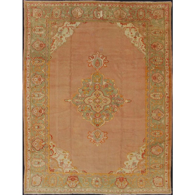Antique Turkish Oushak in Pink and Light Green For Sale - Image 13 of 13