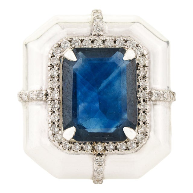 3.63ct Emerald-Cut Blue Sapphire Diamond Victorian Ring in 18k White Gold Size 5 For Sale