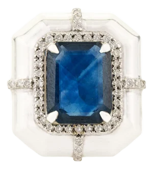 3.63ct Emerald-Cut Blue Sapphire Diamond Victorian Ring in 18k White Gold Size 5