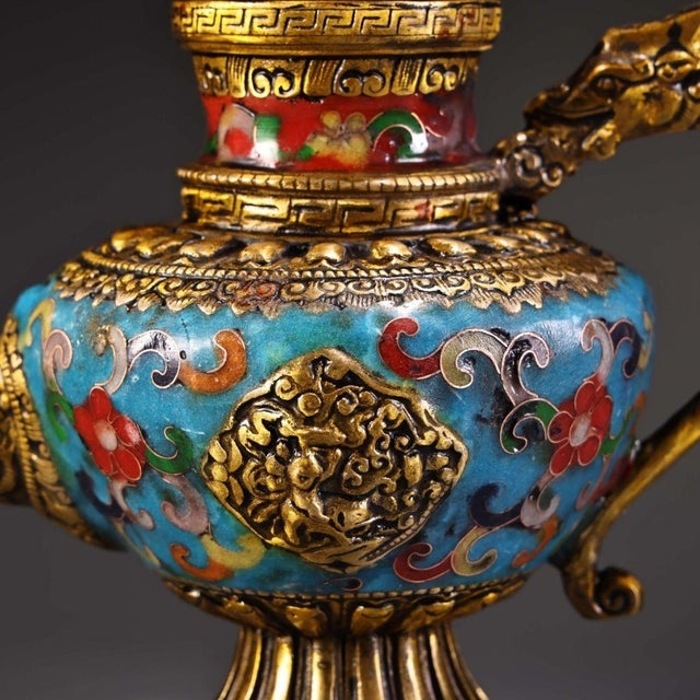 1980s Gilt Bronze & Cloisonné Dragon Teapots / Ewers - Turquoise Enamel - a Pair For Sale - Image 9 of 10