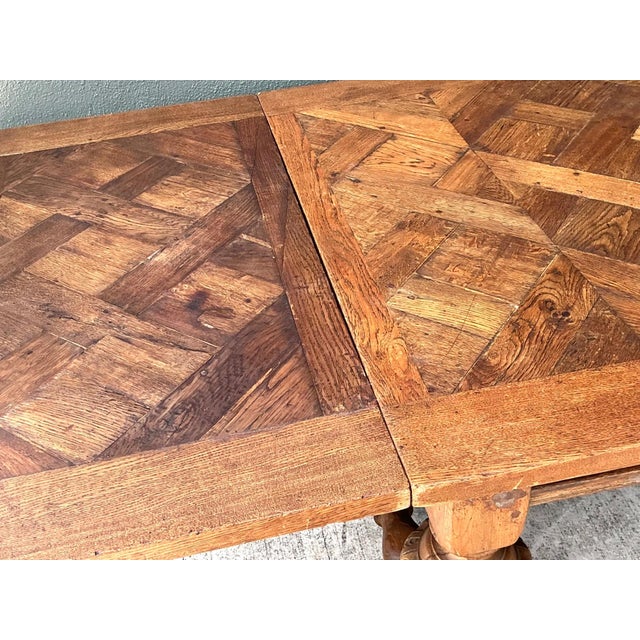 Wood Vintage Spanish Carved Wood Parquet Extendable Dining Table For Sale - Image 7 of 13
