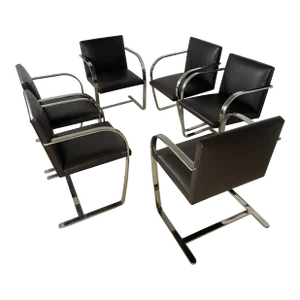 Vintage Knoll Stainless Flat Bar Brno Chair in Dark Brown Leather - Set of 6