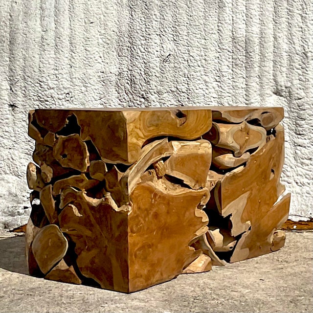 Vintage Boho Puzzle Wood Low Stools - A Pair For Sale - Image 4 of 11