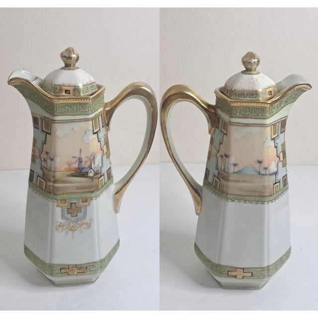 Victorian Antique Imperial Nippon Hand-Painted Chocolate Pot Set, 11 Pieces, Scenic Design, Gold Trim, Japan For Sale - Image 3 of 12