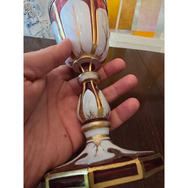 Antique Bohemian Glass Tall Pink Overlay Goblet For Sale - Image 4 of 9