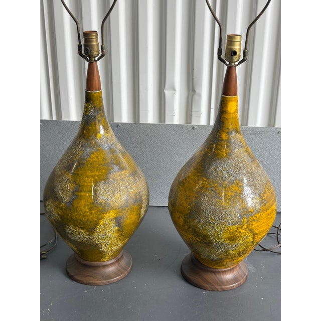 Gemstone Mid Century 1960s Lava Glaze Yellow Table Lamps- A Pair For Sale - Image 7 of 10