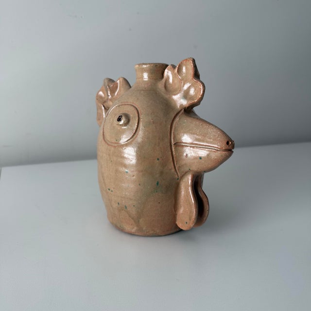 American Vintage North Carolina Folk Art Chicken Face Pottery Jug For Sale - Image 3 of 7