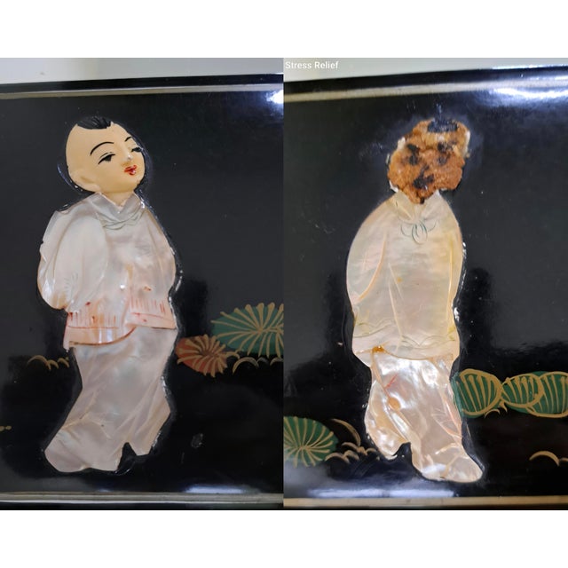 Vintage Chinese Black Lacquer Chinoiserie Wall Mirror With Mother-of-Pearl Inlay, 40" X 30" For Sale - Image 13 of 15