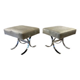 1970s Pair of Accent Stools, Ottomans in Chromed Steel & Velvet For Sale