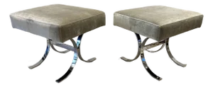 1970s Pair of Accent Stools, Ottomans in Chromed Steel & Velvet