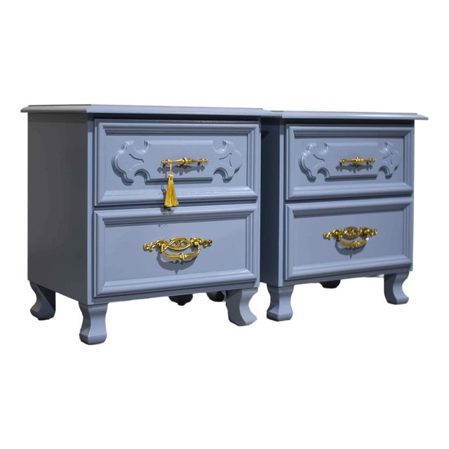 Fresh out of our paint studio, these Mid Century Traditional nightstands are newly painted in a rich, stylish blue and...