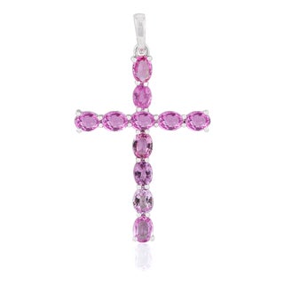 Religious Cross Pendant With 2.05ct Pink Sapphire Accents in 14k White Gold For Sale