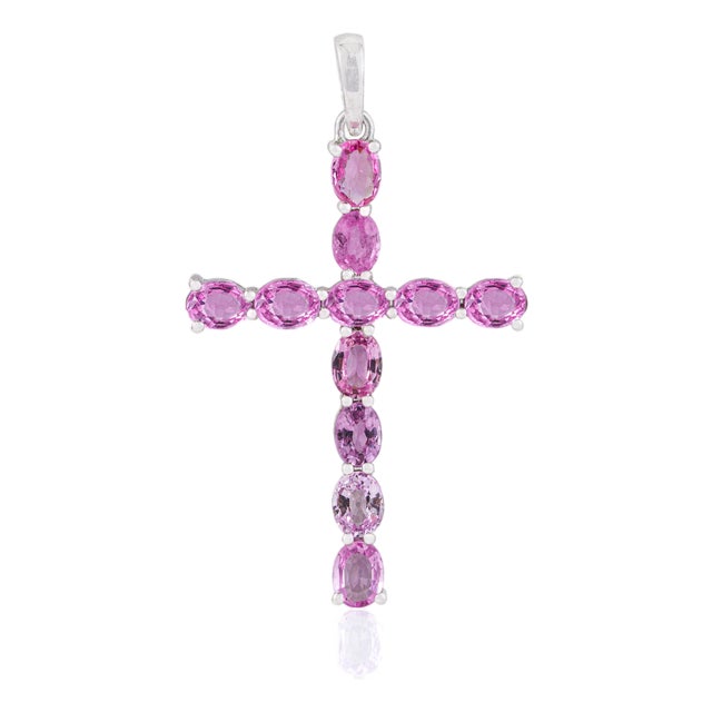 Religious Cross Pendant With 2.05ct Pink Sapphire Accents in 14k White Gold For Sale