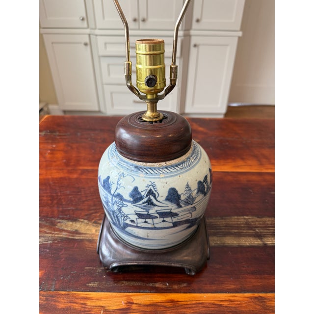Lovely Antique Blue and White Chinese Porcelain Ginger Jar Lamp, c. early 20th century. The lamp features a beautifully...