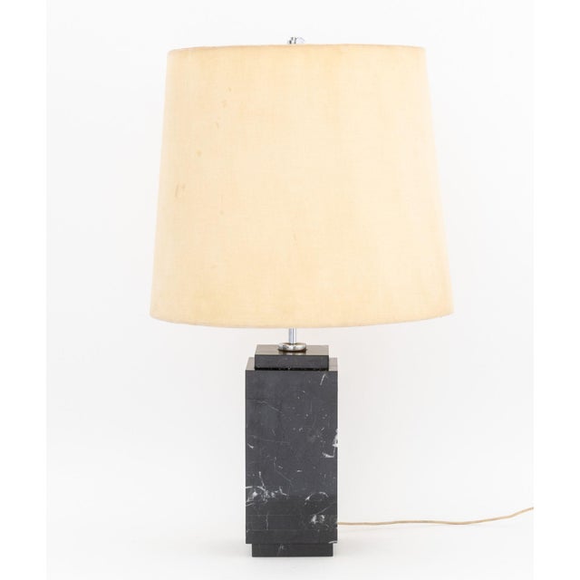 Modern Black Marble and Chrome Table Lamp, rectangular column of tessellated white-veined black marble, cream cloth shade....