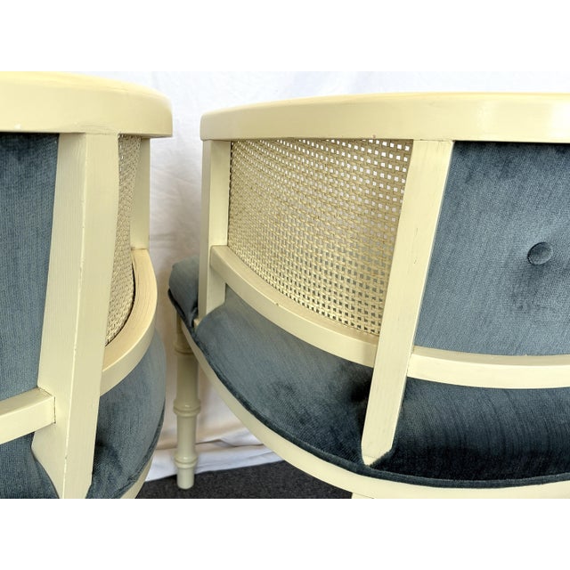 1960's Faux Bamboo and Cane Barrel Lounge Chairs With Blue Velvet Upholstery- A Pair For Sale - Image 13 of 18