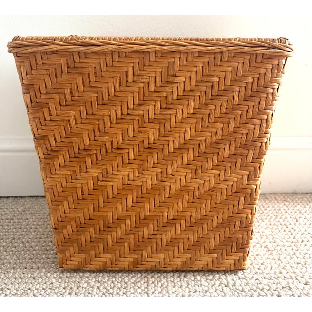 Boho Chic Mid Century Woven Rattan Wastebasket For Sale - Image 3 of 10