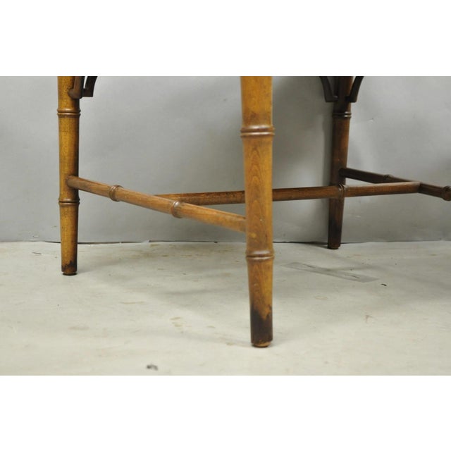 Vintage Chinese Chippendale Faux Bamboo Wood Fretwork Dining Arm Chairs - A Pair For Sale - Image 11 of 14