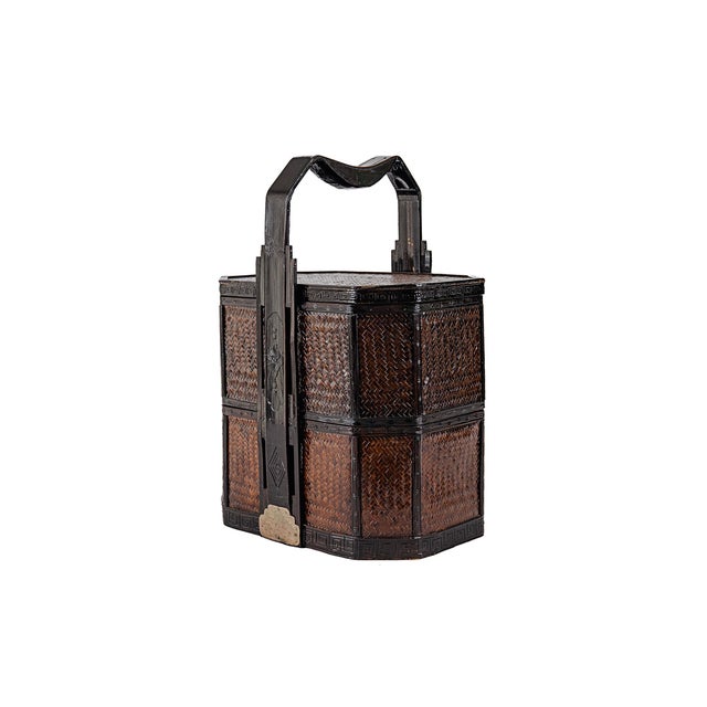 Vintage Antique 2 (Two) Tier Chinese Wedding Basket made of dark wood woven bamboo and rattan. Intricately carved wood in...