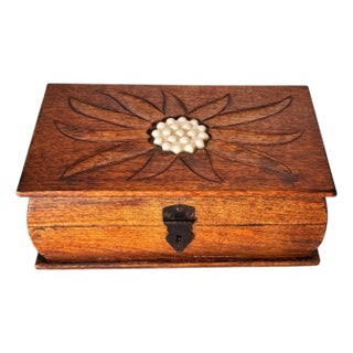 French Wooden Box with Geometric Floral Ceramic Inlay, 1950s For Sale