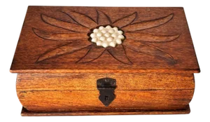 French Wooden Box with Geometric Floral Ceramic Inlay, 1950s