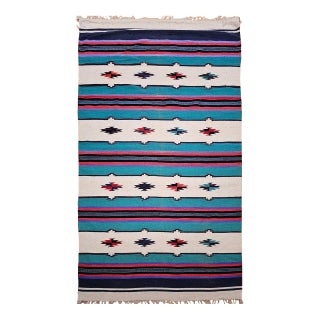 Vintage American Southwestern Kilim, Handwoven Wool, Stripe Pattern, Ivory & Green, 4x8 For Sale