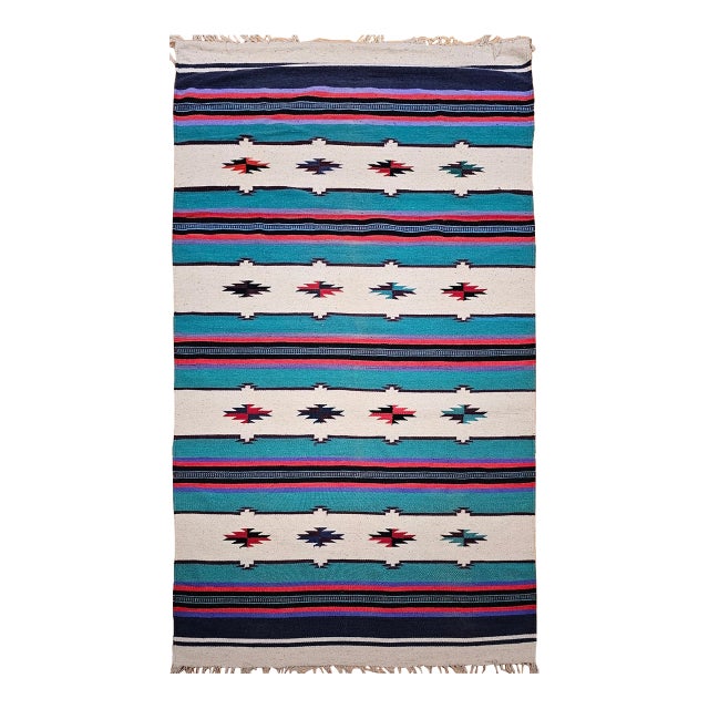 Vintage American Southwestern Kilim, Handwoven Wool, Stripe Pattern, Ivory & Green, 4x8 For Sale