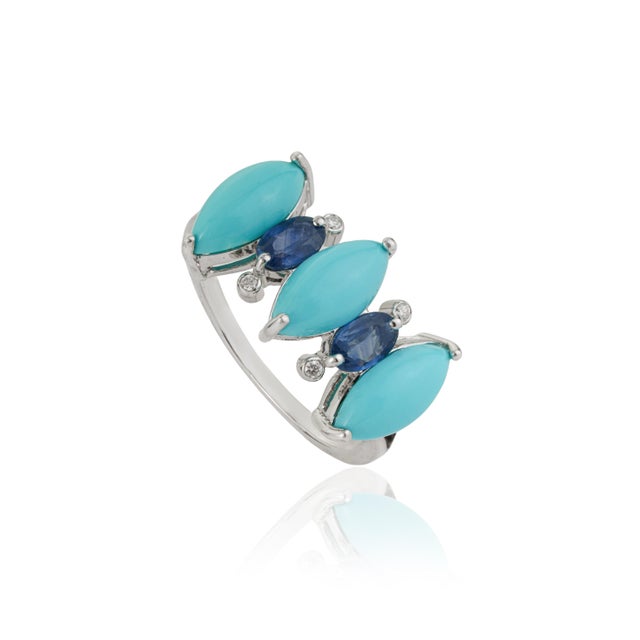 VR Jewels 18k White Gold 3.31ct Turquoise, Blue Sapphire & Diamond Georgian Revival Ring Size 5 For Sale - Image 4 of 17
