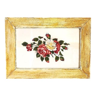 Vintage Czech Hand Painted Rose Ceramic Tile Art, Framed For Sale