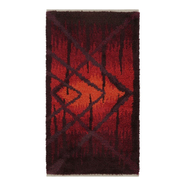 Vintage Swedish Rya Runner Rug, Bold Scandinavian Geometry in Red - Rug & Kilim For Sale