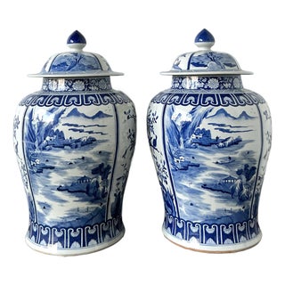 Vintage Boho Monumental Blue and White Lidded Ginger Jars - A Pair For Sale