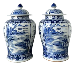 Vintage Boho Monumental Blue and White Lidded Ginger Jars - A Pair