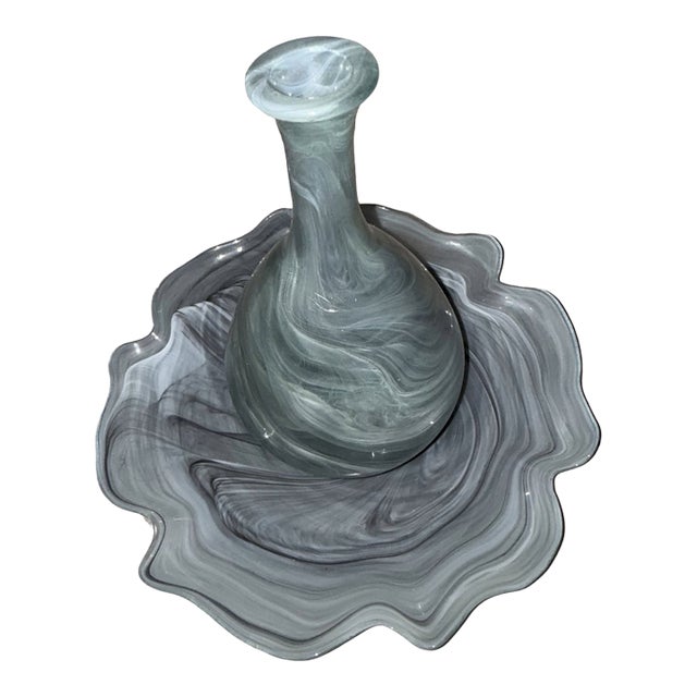 1970s Classic Mid-Century EcoGlass Smoky Swirled Hand Blown Glass Vase and Ruffled Rim Bowl Set, Made in Spain- 2 Pieces For Sale