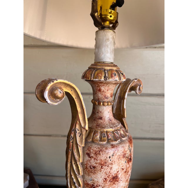 Baroque Fine Antique Italian Neoclassical Giltwood & Faux Hand Painted Marble Carved Urn Table Lamp For Sale - Image 3 of 11
