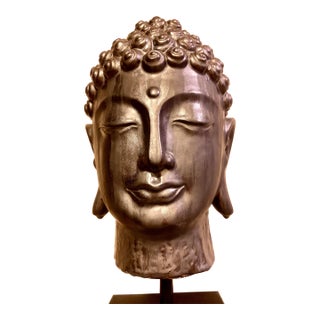 Extra Large Ceramic Buddha Head Sculpture Mounted on a Metal Stand For Sale