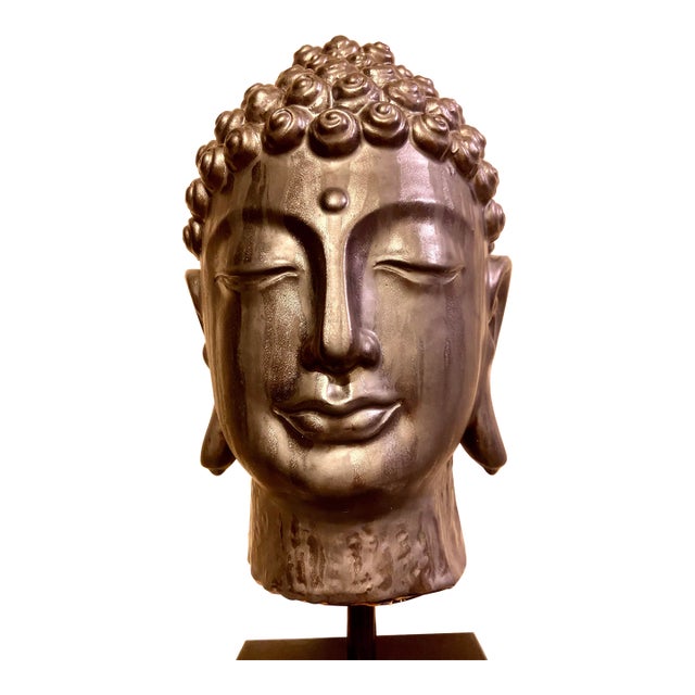 Extra Large Ceramic Buddha Head Sculpture Mounted on a Metal Stand For Sale