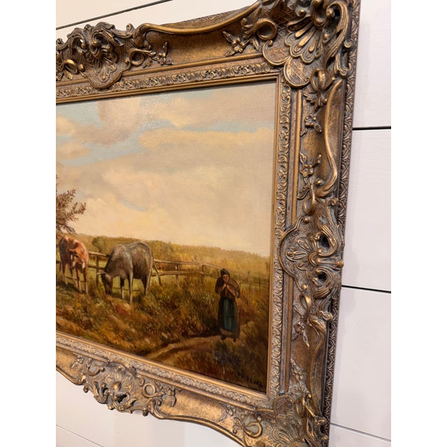 Framed Late 19th Century Oil - "Grazing Cattle" A woman walks along a country track, while cattle graze peacefully beside...