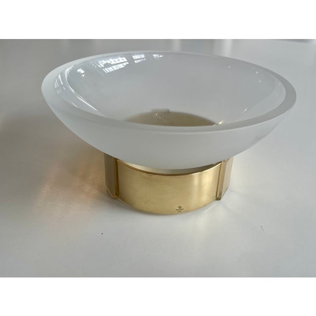 Very rare mouth-blown glass bowl made of frosted glass on a brass base with manufacturer's mark This piece has an...