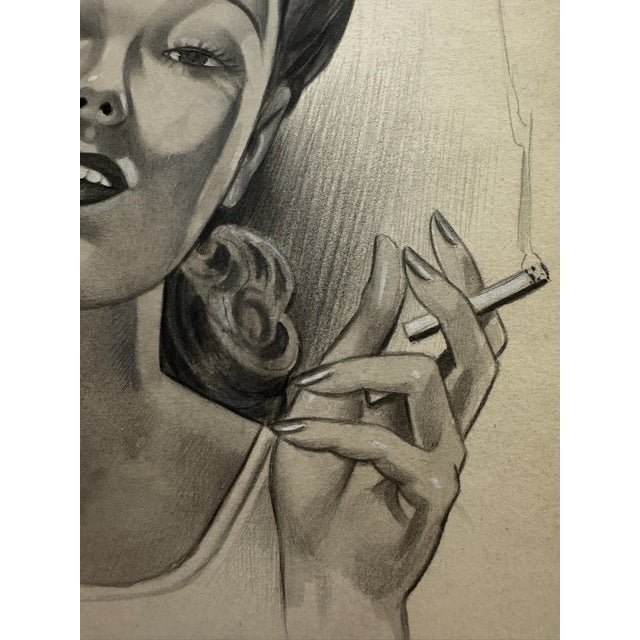 American 1940s Original Signed Graphite Illustration of Glamorous Woman With Cigarette, 10.75 X 7.75 In. For Sale - Image 3 of 5