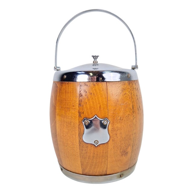 Vintage Wooden Barrel Ice Bucket with Ceramic Interior, 1960s For Sale