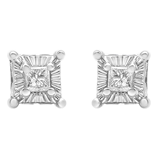 .925 Sterling Silver 1/4 Cttw Miracle Set Princess-Cut Diamond Solitaire Stud Earrings with Hidden Halo (I-J Color, SI2-I1 Clarity) For Sale
