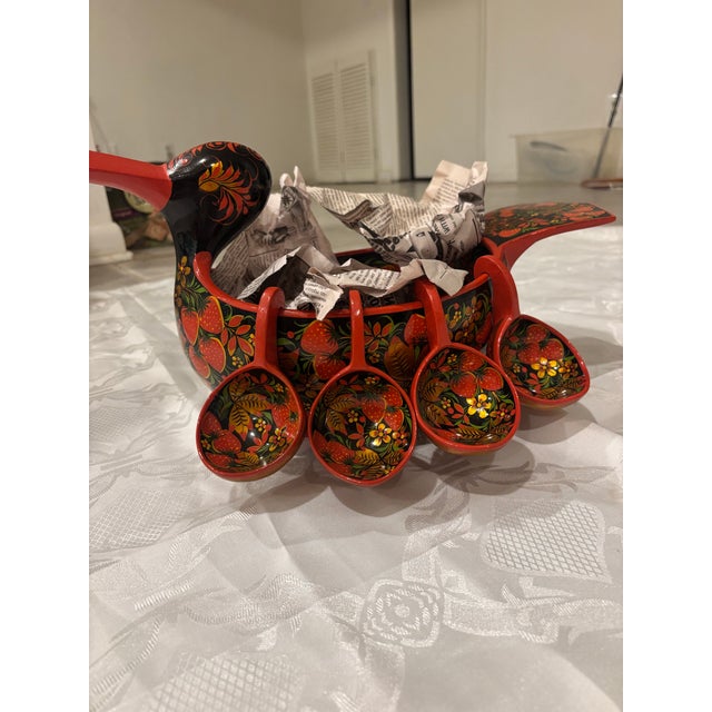 Vintage Russian Khokhloma Hand-Painted Wooden Duck Punch Bowl With 8 Spoons. For Sale In Baltimore - Image 6 of 7